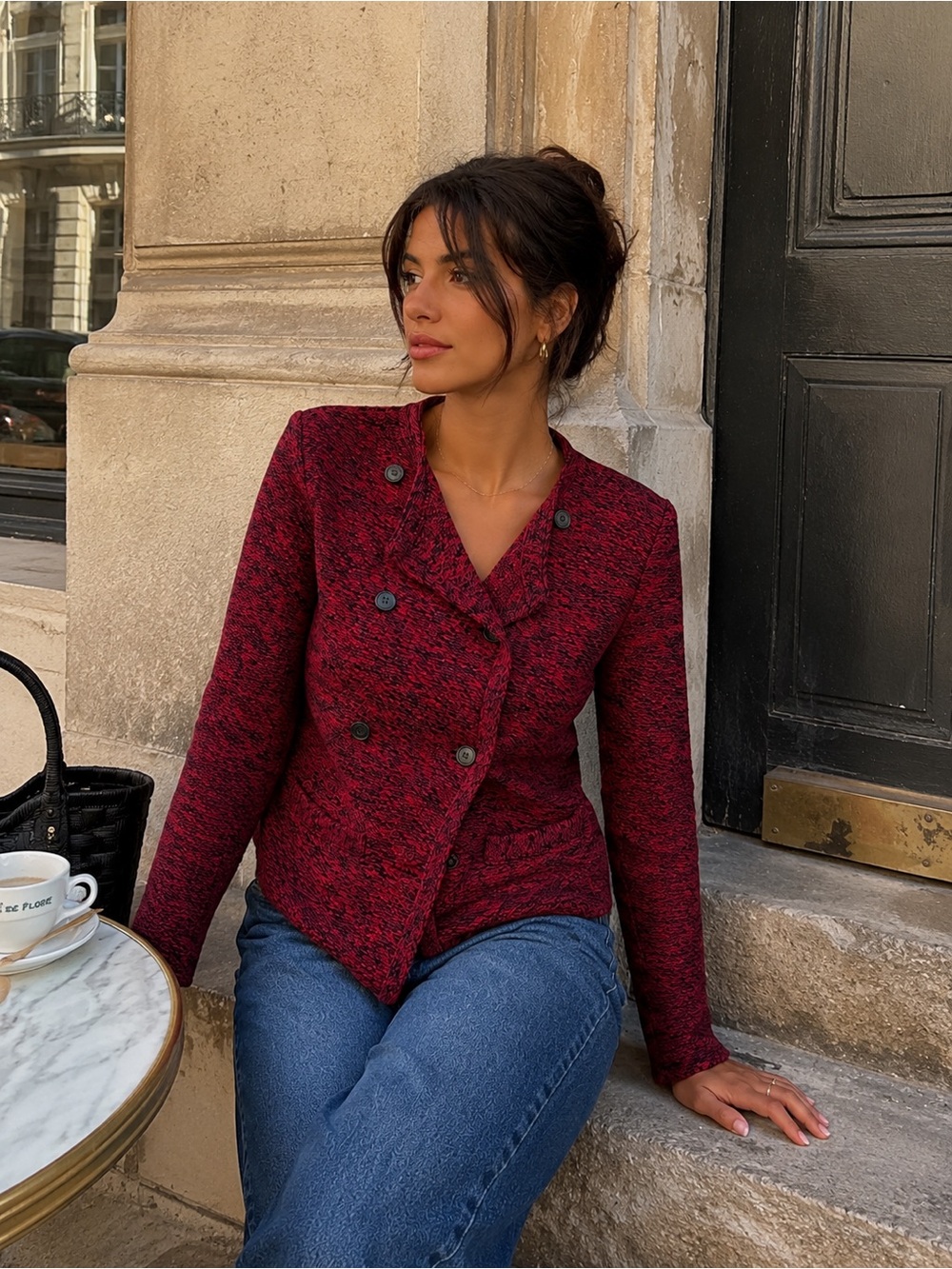 Lucky Brand Red Textured Double Breasted Tailored Moto Sweater Jacket Boho Cozy